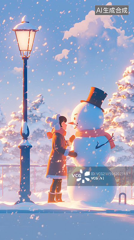 【AI数字艺术】女孩在雪地公园堆雪人图片素材