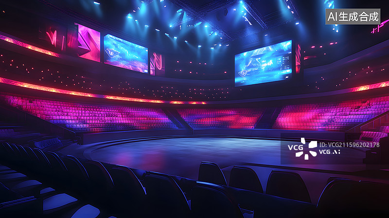 【AI数字艺术】电竞场馆内部明亮LED屏幕与空座椅图片素材