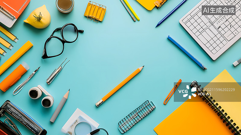 【AI数字艺术】蓝色背景上的彩色文具图片素材