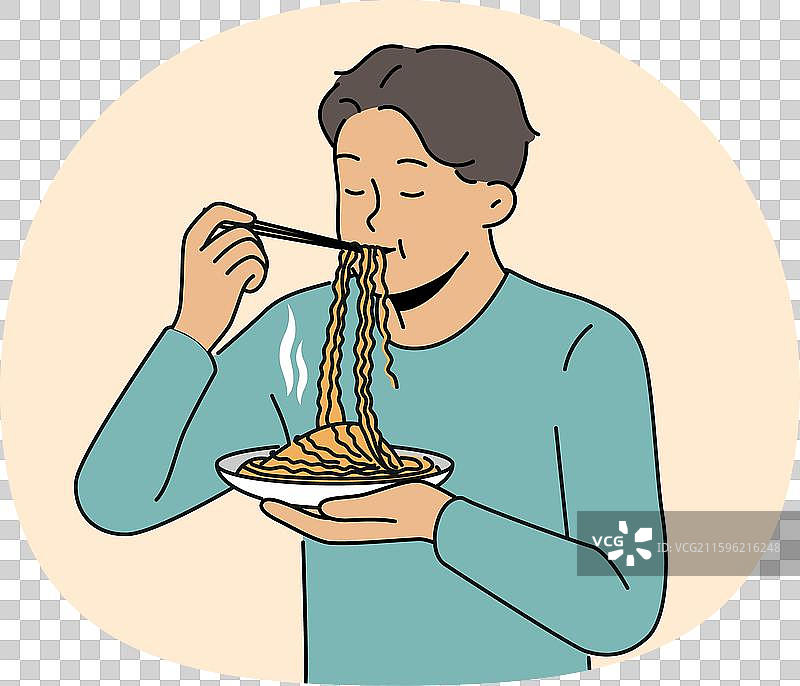 亚洲男子用筷子吃拉面，享受美食图片素材