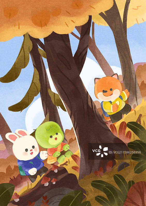 卡通秋季节气爬山动物儿童插画图片素材