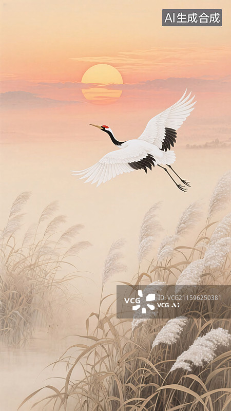 【AI数字艺术】落日飞鹤芦苇荡图片素材