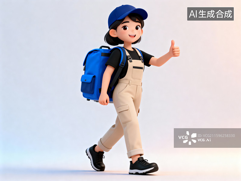 【AI数字艺术】背着书包的女孩竖起大拇指图片素材