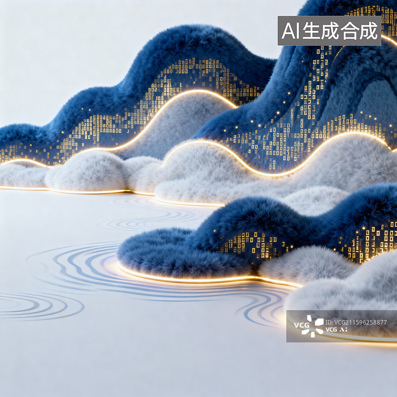 【AI数字艺术】蓝色波浪与光点云朵图片素材