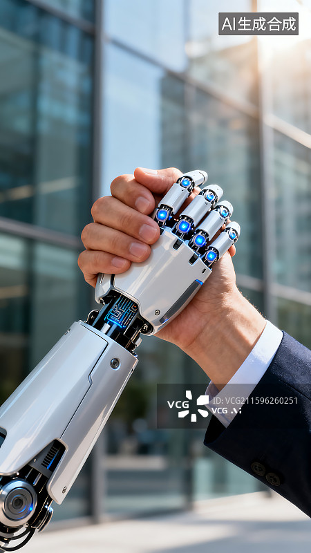 【AI数字艺术】人和机器人机械臂握手 团结合作 智能仿生手 科技助残 残疾人  高科技 人工智能 未来科幻 强脑图片素材