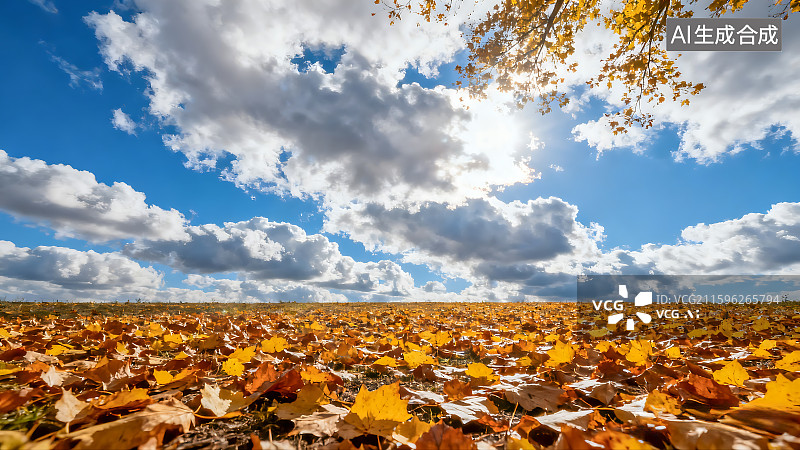 【AI数字艺术】秋天铺满黄色落叶的地面 蓝天白云风景 梧桐 银杏 金黄色图片素材