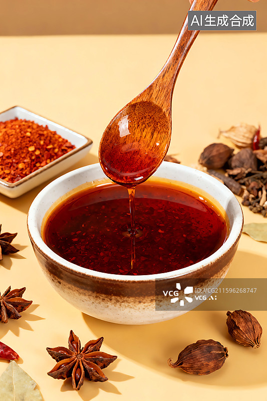 【AI数字艺术】一碗中国传统红油辣椒油调料图片素材