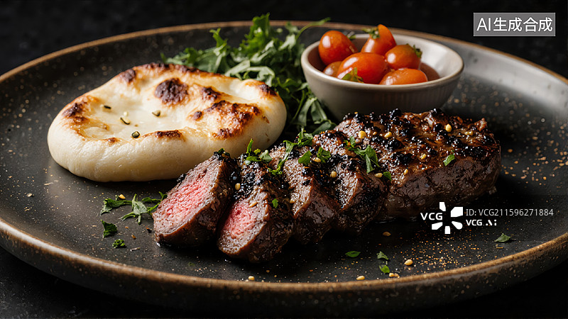 【AI数字艺术】烤牛排配香草面包图片素材