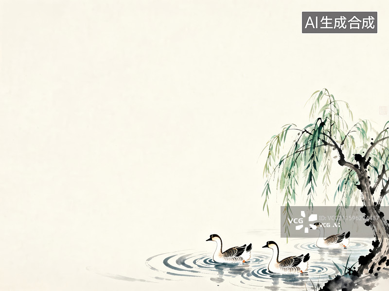 【AI数字艺术】柳下鹅戏水墨图图片素材