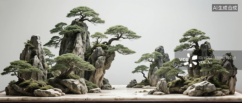 【AI数字艺术】中式古典园林假山与古松景观设计图片素材