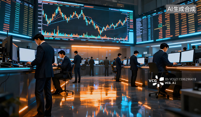 【AI数字艺术】3D渲染的股票交易所金融证券商务场景插画图片素材