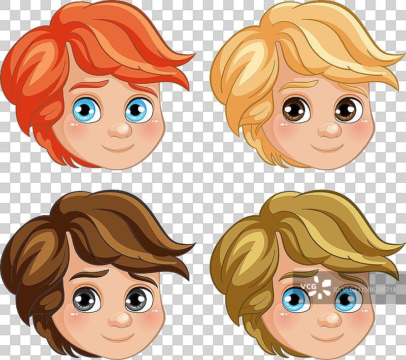 四张不同发色的卡通男孩头像图片素材