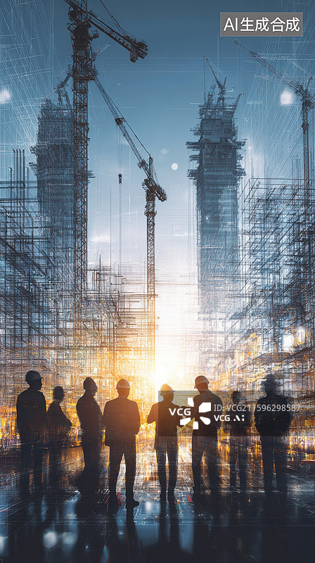 【AI数字艺术】建筑工地剪影与城市天际线图片素材