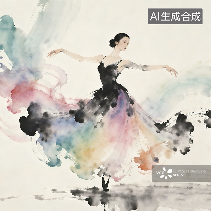 【AI数字艺术】水墨风格的芭蕾舞者插画图片素材