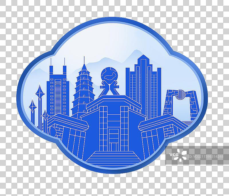 汕头蓝色青花瓷古典山水画淡雅山峰窗户图片素材