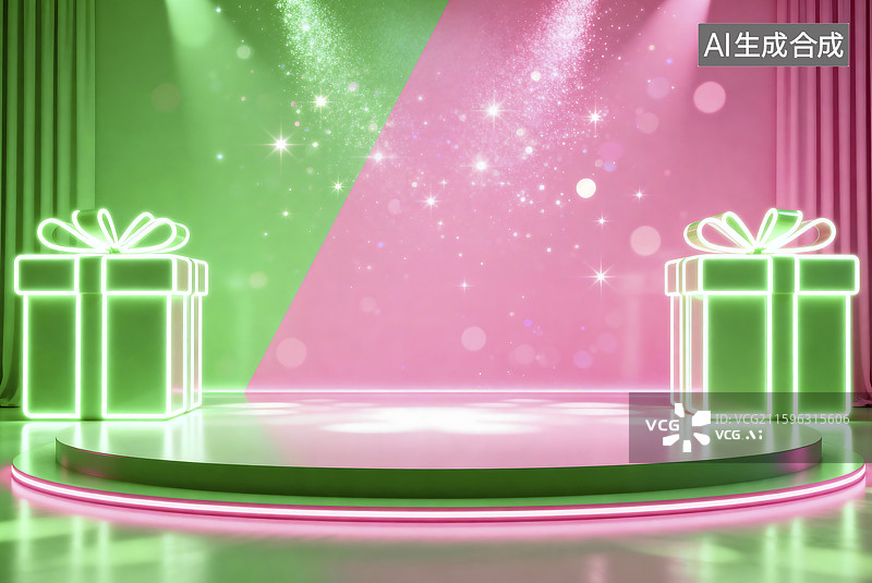 【AI数字艺术】色彩鲜艳舞台上的霓虹礼盒图片素材