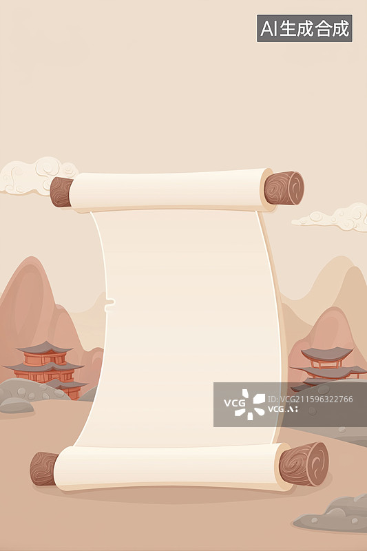 【AI数字艺术】展开的卷轴与山水背景图片素材