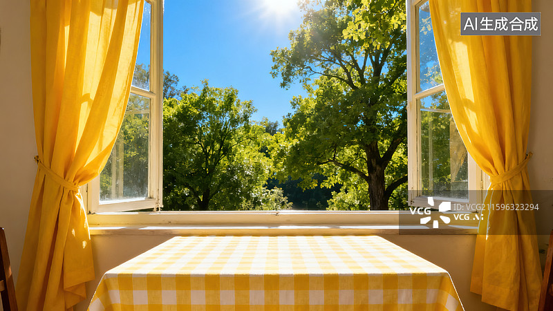 【AI数字艺术】自然清新的黄绿阳光窗外景色图片素材