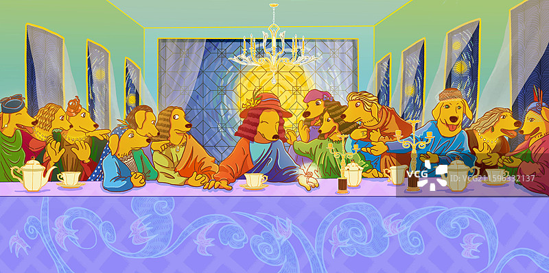 插画卡通版画风名画模仿金毛萌宠卡通动物狗夜晚餐厅名画动作图片素材