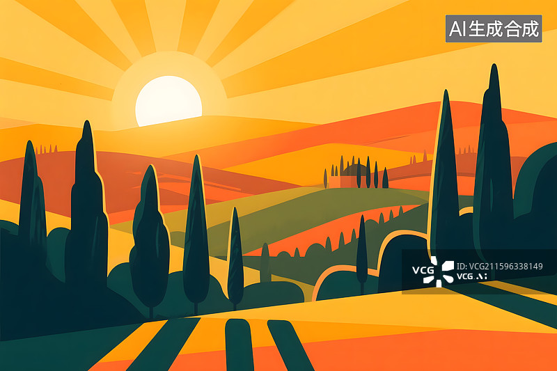 【AI数字艺术】山间落日插画图片素材