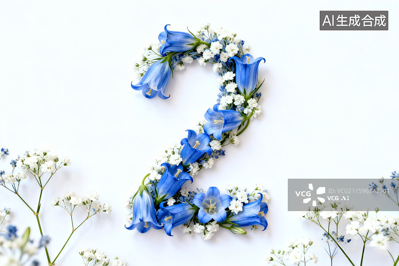 【AI数字艺术】白色背景，蓝色铃花和满天星组成的数字“2”图片素材