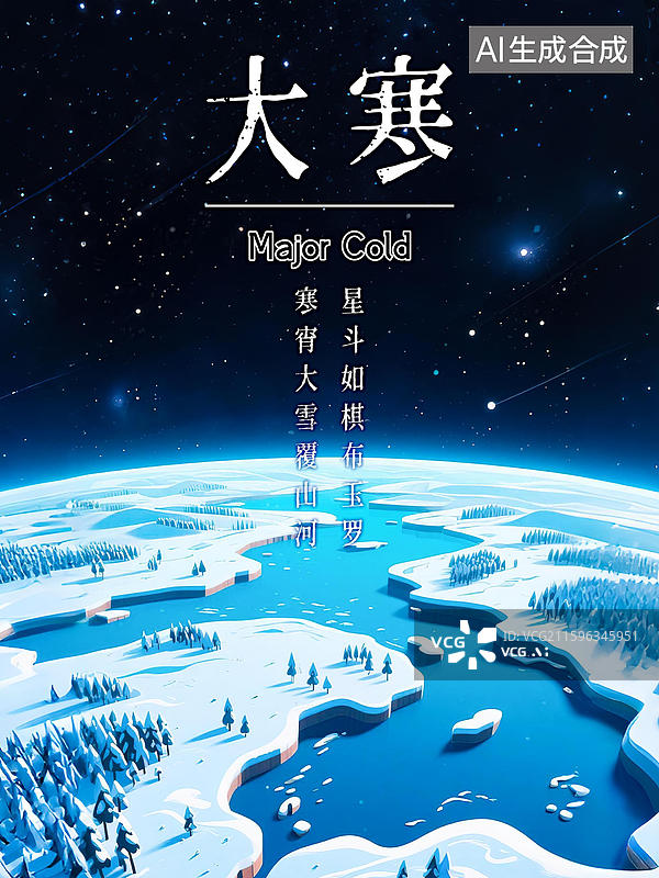 【AI数字艺术】大寒冬天24节气自然风景创意海报模板宇宙太空航天空间站未来科技俯瞰地球大地视角新国风手绘插画星空背景图片素材