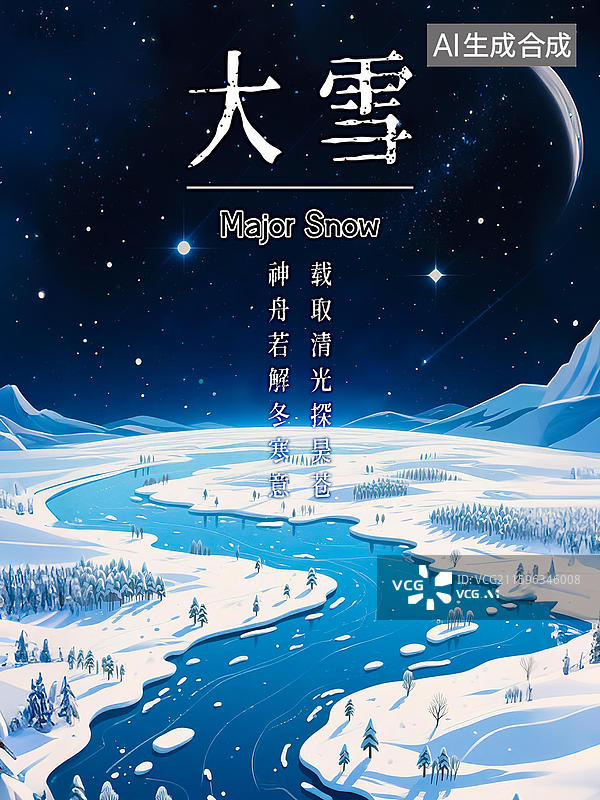 【AI数字艺术】大雪冬天24节气自然风景创意海报模板宇宙太空航天空间站未来科技俯瞰地球大地视角新国风手绘插画星空背景图片素材