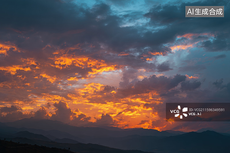【AI数字艺术】壮丽日落时分的火烧云天际图片素材