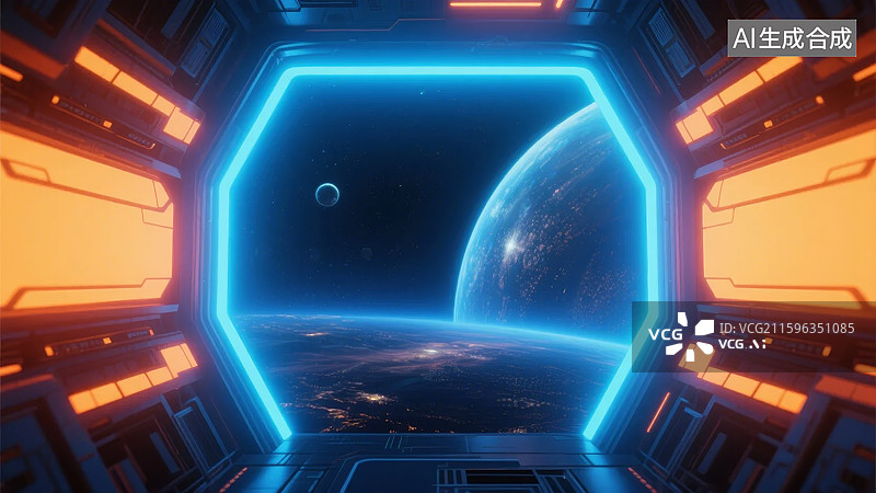 【AI数字艺术】太空舱内望向星球景象图片素材