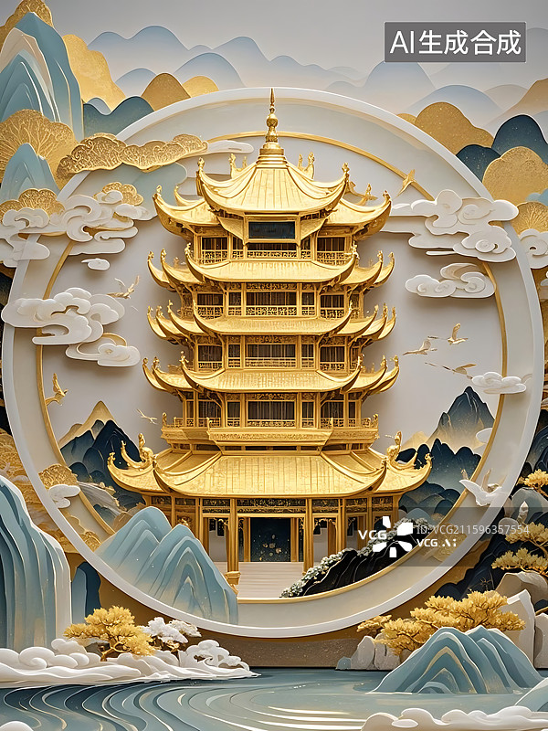【AI数字艺术】金色宝塔山水图图片素材
