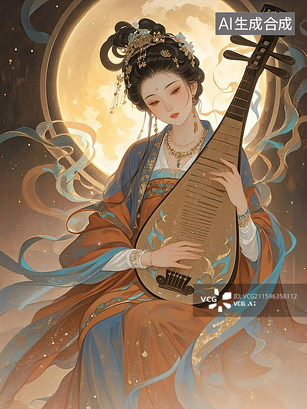 【AI数字艺术】琵琶美人月夜弹奏图片素材