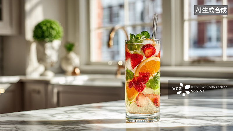 【AI数字艺术】清新水果冰饮置于现代厨房台面图片素材