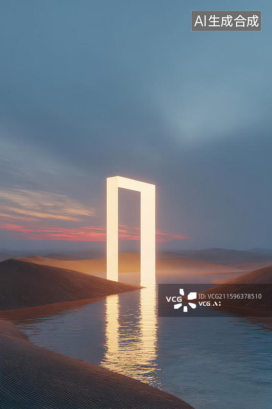 【AI数字艺术】沙漠水泽发光矩形光门倒影景观图图片素材