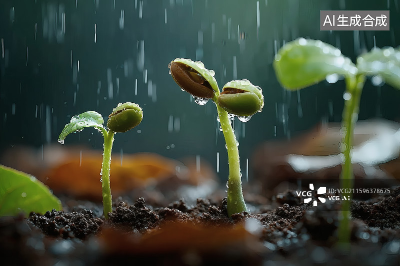 【AI数字艺术】空中下着小雨，破土而出的蔬菜苗图片素材