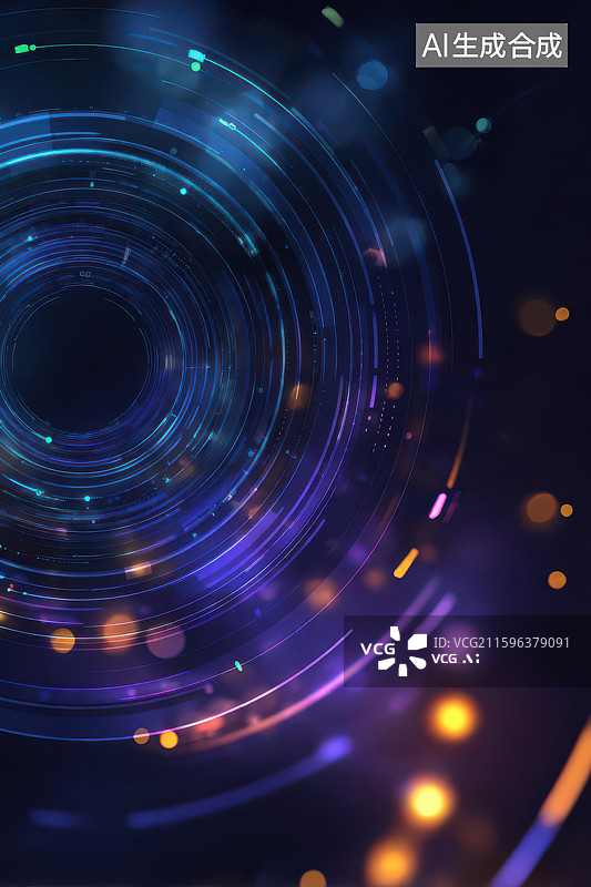 【AI数字艺术】发光圆形蓝色光晕闪电光线能量图图片素材