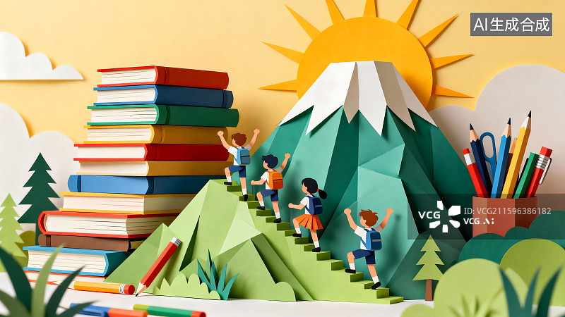 【AI数字艺术】儿童攀登书山与文具的纸艺场景图片素材