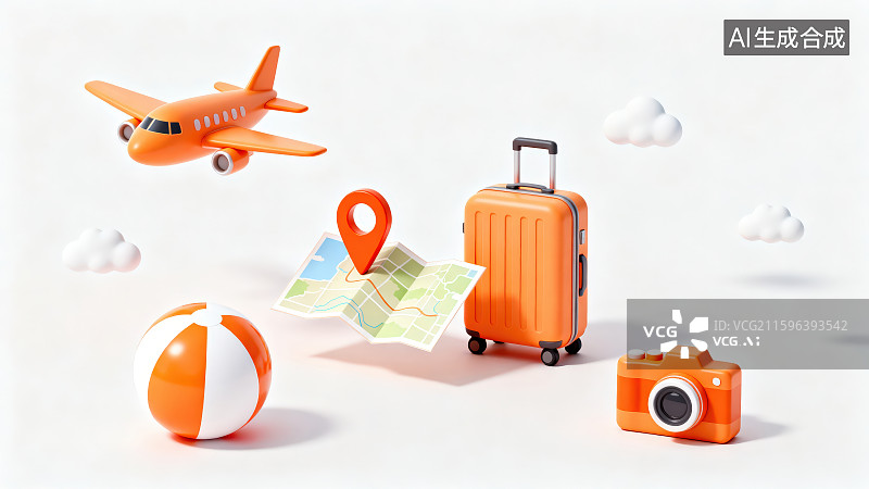 【AI数字艺术】3D渲染橙色系列卡通飞机地图定位标识相机条纹球行李箱和白色云朵，节假日出行交通工具与旅行主题概念图片素材