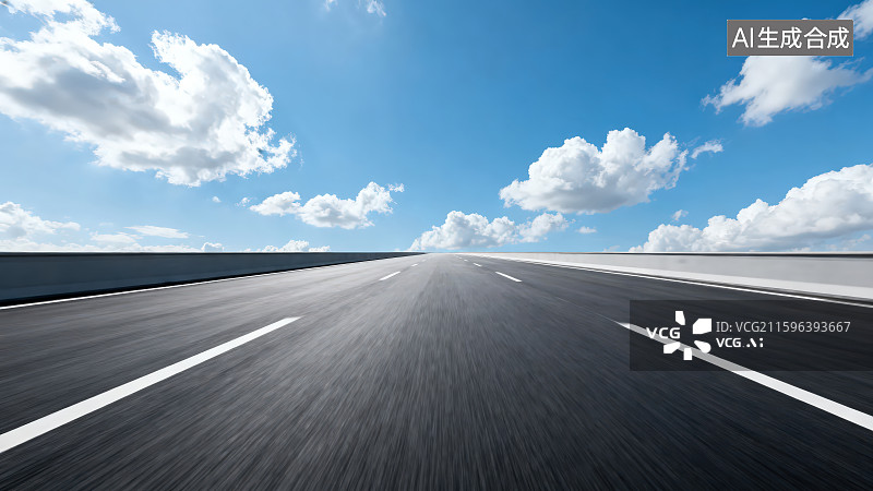 【AI数字艺术】蓝天白云下的户外柏油沥青路标线公路图片素材