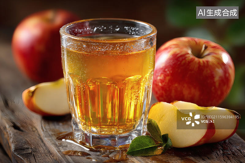 【AI数字艺术】木桌上的新鲜苹果，玻璃杯中的苹果汁图片素材