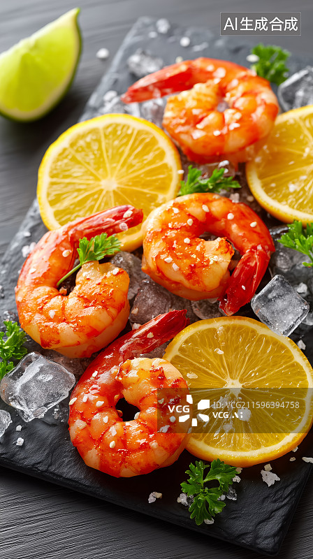 【AI数字艺术】柠檬虾仁配薄荷冰块图片素材