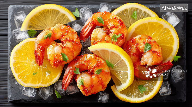 【AI数字艺术】柠檬虾仁配薄荷冰块图片素材
