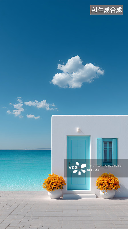 【AI数字艺术】蓝色大门与橙色花卉的海边建筑图片素材