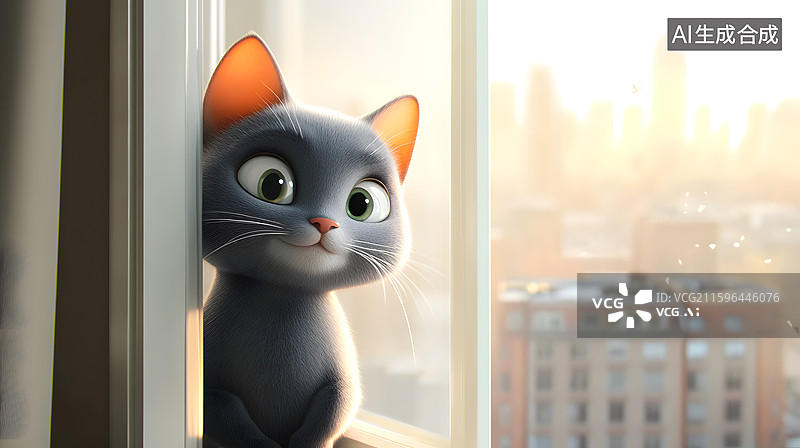 【AI数字艺术】窗边好奇的灰色小猫图片素材