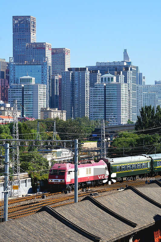 中国北京，从明城墙遗址公园眺望北京CBD和韶山9型电力机车图片素材