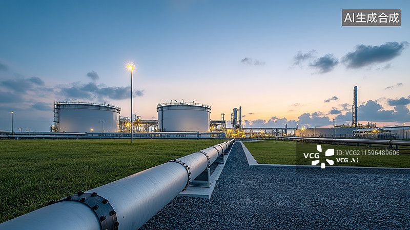 【AI数字艺术】黄昏中的天然气中继站和能源输送管道图片素材