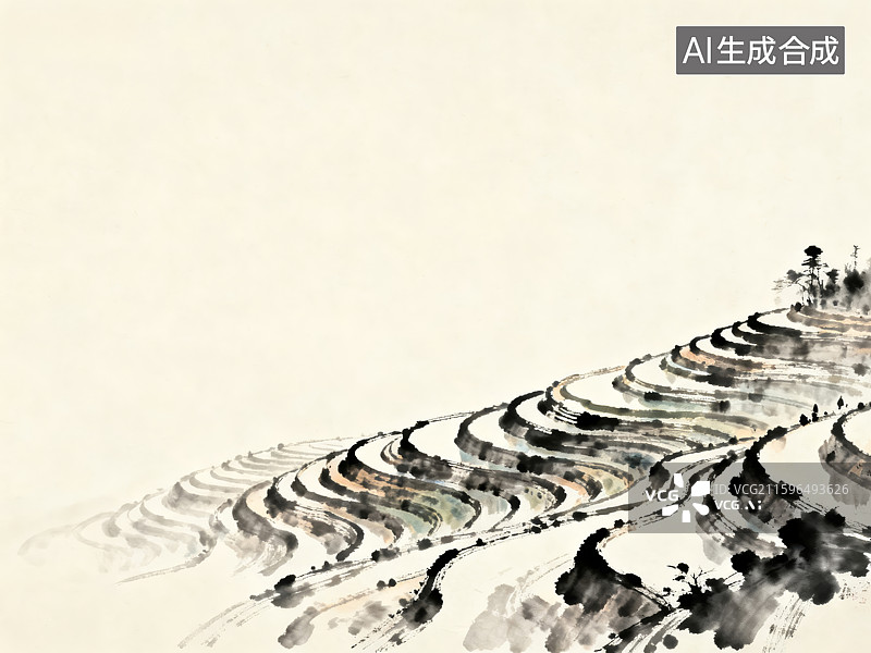 【AI数字艺术】水墨描绘的梯田风景图图片素材