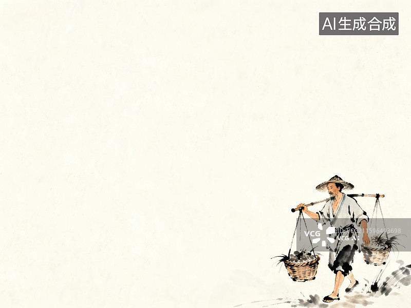 【AI数字艺术】传统水墨描绘的挑担农夫图片素材