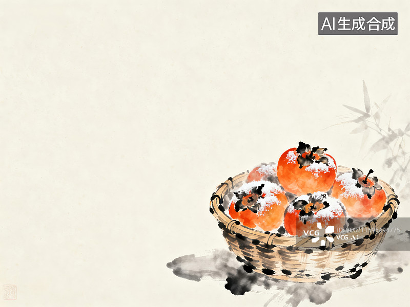 【AI数字艺术】雪中竹篮里的柿子图片素材