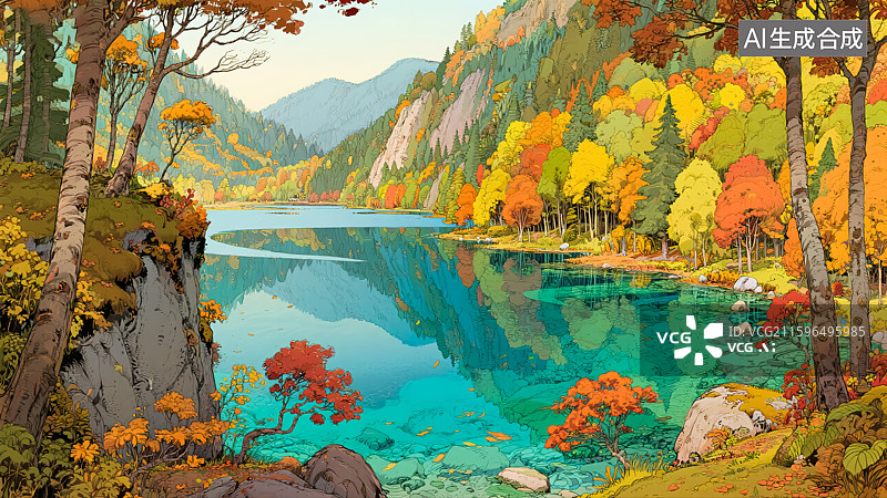【AI数字艺术】秋天山水森林湖泊风景插画图片素材