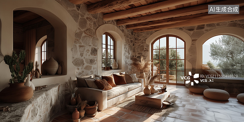 【AI数字艺术】石墙陶砖地中海客厅图片素材